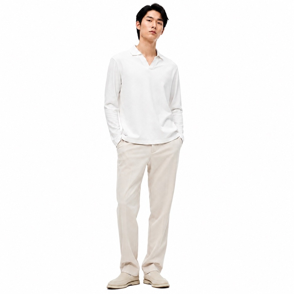 CO THIRTY SIX Long Sleeve Polo Shirt Cotton Spandex White Minimalist Mens S
